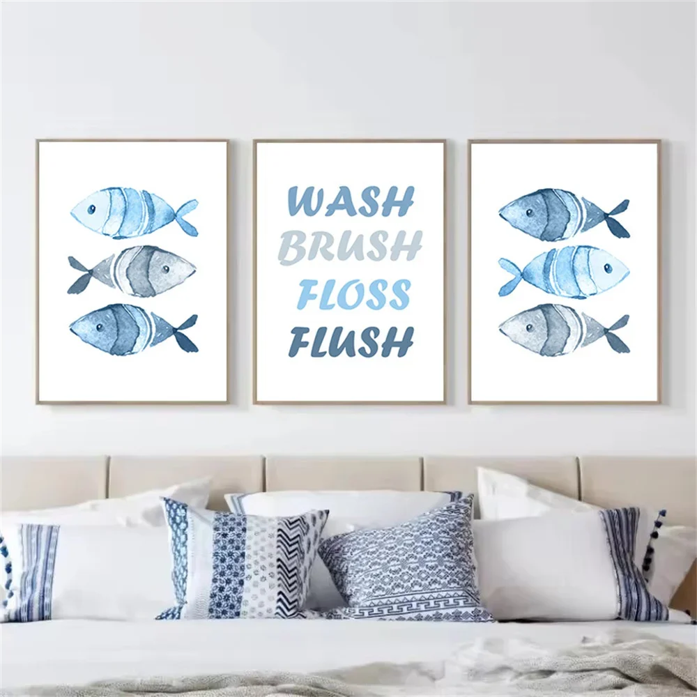 Abstract Blue Fish Poster Wash Brush Floss Flush Wall Art Canvas Painting Nursery Print Nordic Wall Pictures Living Room Decor