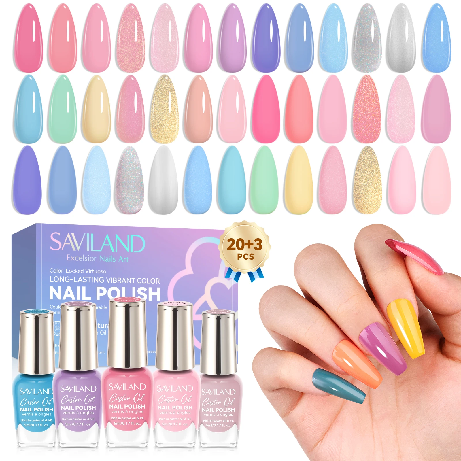

SAVILAND 20 Color Nail Polish Kit Quick Dry Long Lasting with Castor Oil Base Top Coats Complete Set for DIY Manicure Gift