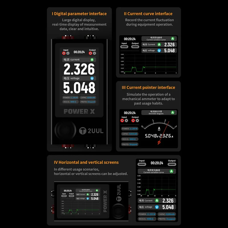 2UUL Power X High Refresh Full-color Screen Power PCB Detector For  Ampere-Voltage Meter Digital Display Multi Mode Operation