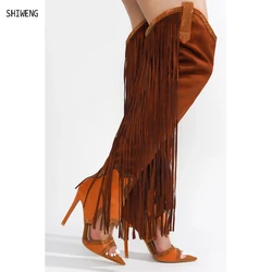 2025 Denim Tassels Fringe Western Cowboy Over-the-knee Boots For Women Vintage Retro Point Toe Cowgirl Sandals Boots Shoes 44