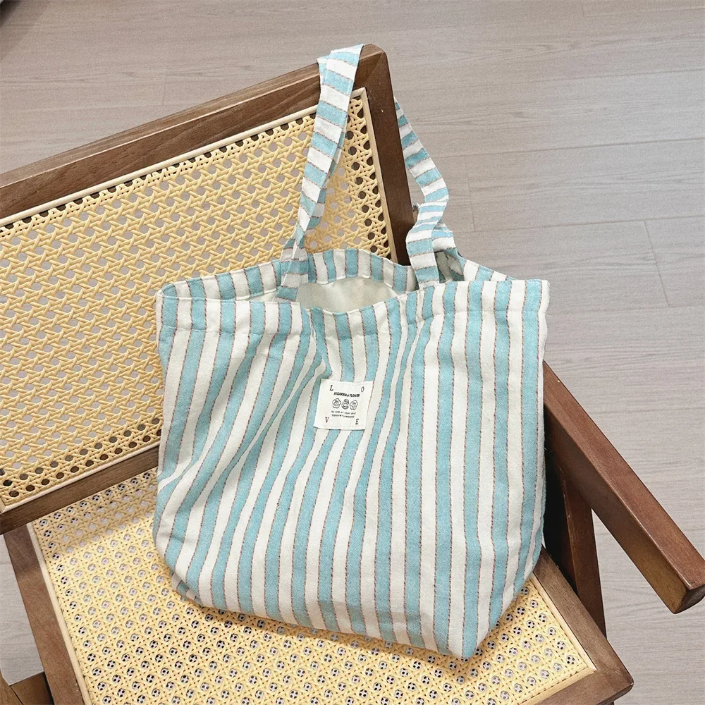 Simple Stripe Women\'s Canvas Shoulder Bag Large Capacity Female Commute Shopping Bags College Girls Book Tote Vest Handbags