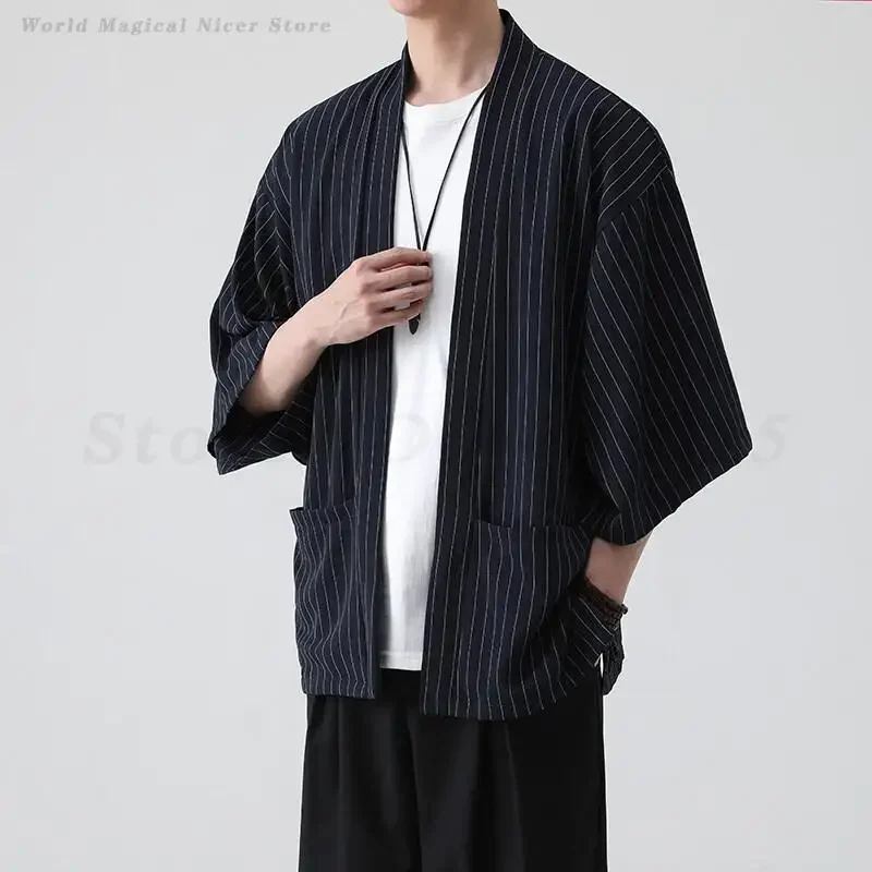 

Японская одежда в полоску в стиле ретро, кимоно, большой размер 5XL, мужское кимоно, кардиган, куртка юката хаори, пальто Харадзюку, костюм самурая