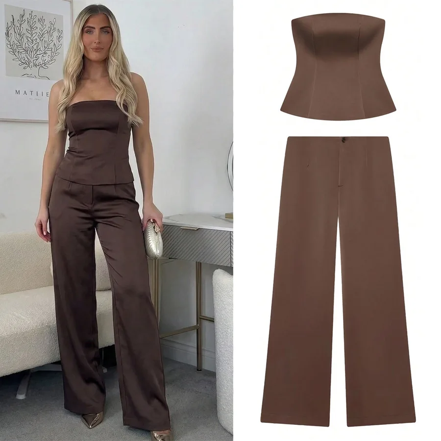 

Атласные текстурные брюки, комплект из 2 предметов, женский элегантный модный жилет, топ + брюки с высокой талией для офиса, повседневные официальные мероприятия