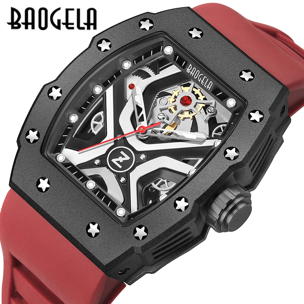 Baogela moda luxo marca superior esporte relógios de quartzo à prova dwaterproof água aço relógios pulso relogio masculino pulseira de silicone vermelho 4143