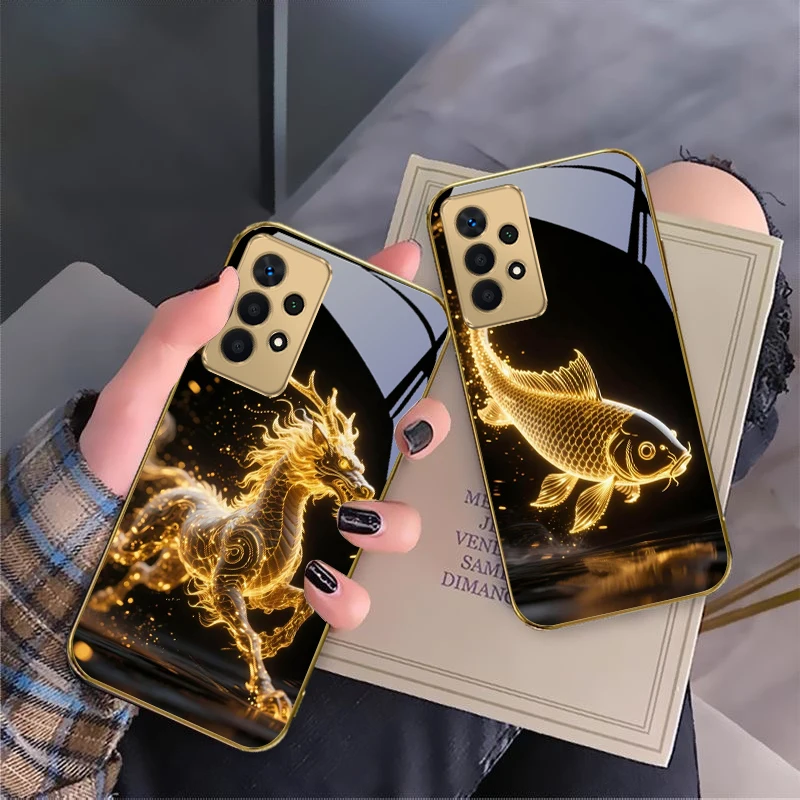 فخور هوانغ كيلين لسامسونج A 01 52S A04 A05S A10 A12 A13 22 23 24 36 42 M02 نوت 10 20 الترا 8 9 الزجاج الذهبي جراب هاتف #3