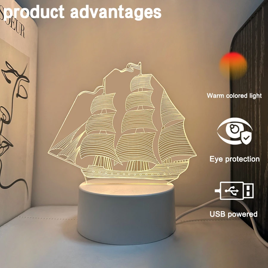 1 ชิ้น USB-powered 3D เรือใบสร้างสรรค์ nightlight, บ้าน, โต๊ะ, ตกแต่งห้องนั่งเล่น, ของขวัญวันเกิด nightlight