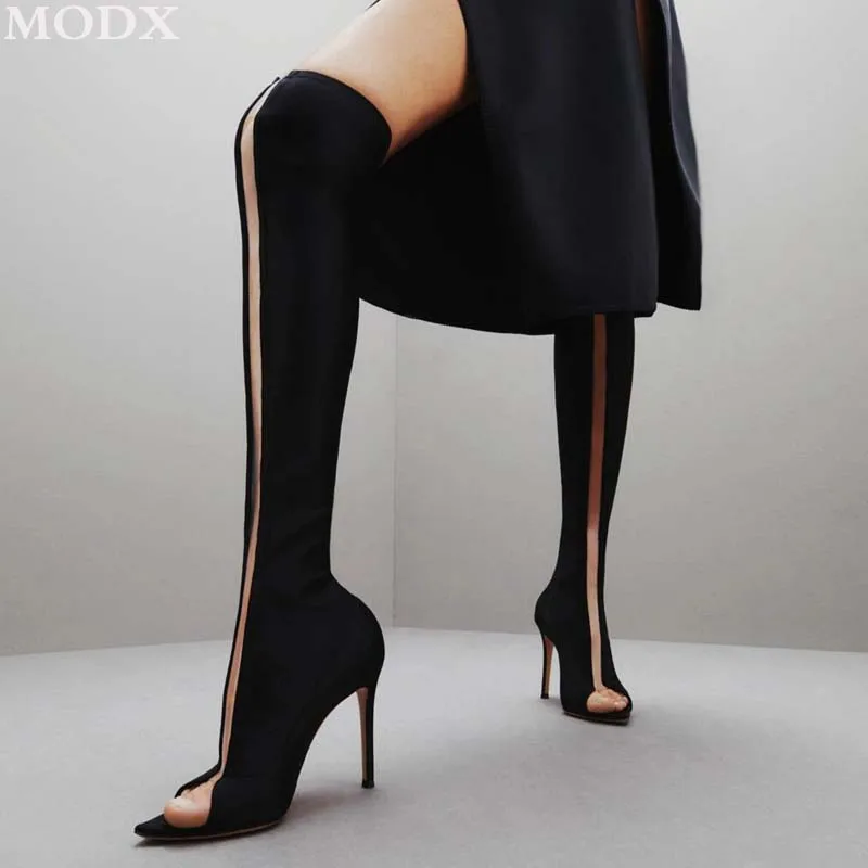 Sexy Pointed Open Toe PVC Patchwork High Heels Fashion Pointed Toe Stiletto Elastic Fabric Ankle Booties Club Dress Sandal Boots