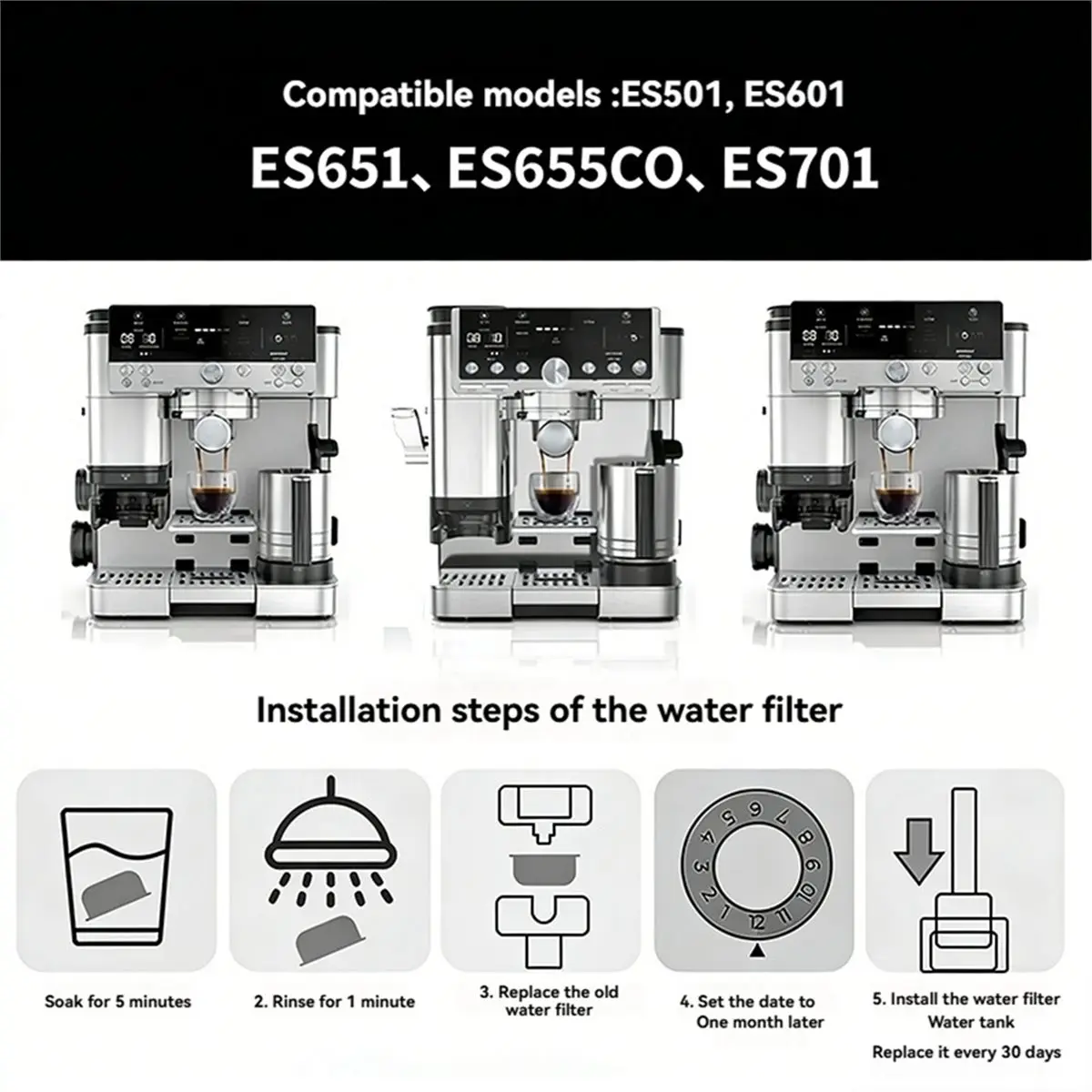 (A99Z) Espresso Cleaning Supply Kit for ES601 ES701 Descale Packets Cleaning Tablets Water Filters Inserts B