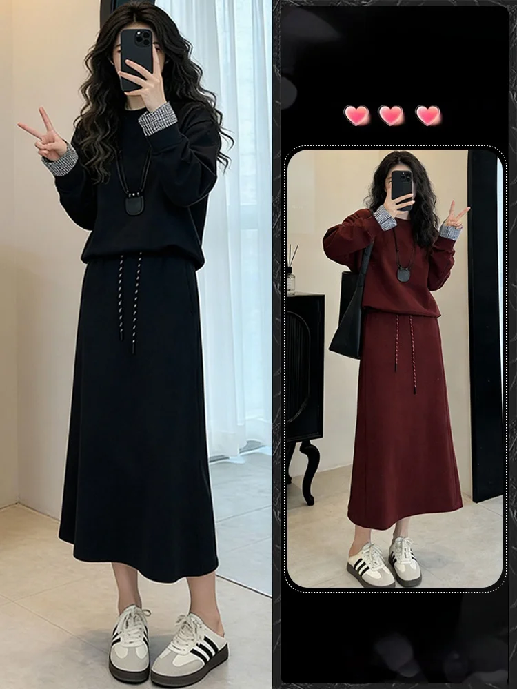 

Ele Sweatirt Skirt Set Women's Casual Faion Spring Collection High Waist round Ne Long Sve Breathable Midweight