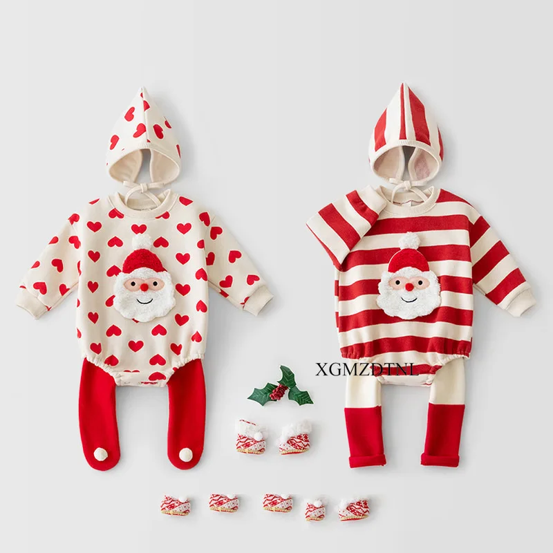 2023 Baby Cute Romper Christmas Spring Festival Costume Plush Santa Claus One Piece Snowman Love Free Hat New Year Gift 2024