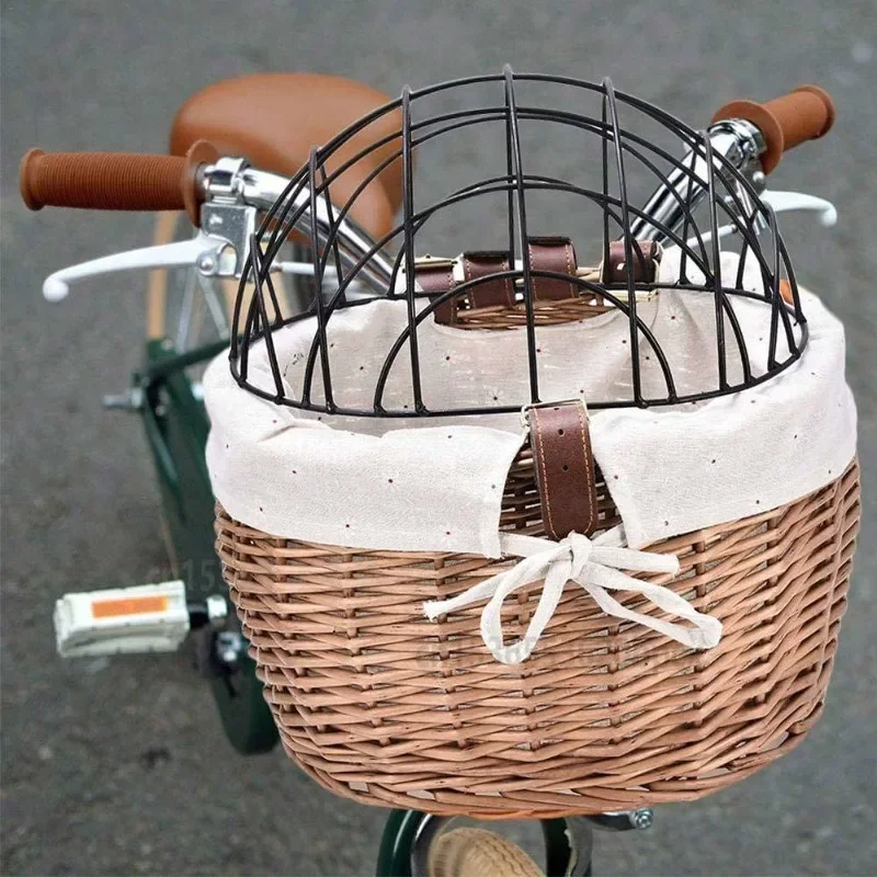 

Vintage Rattan Pet Bicycle Basket, Cat and Dog Carrier for Bikes and Scooters, Eco-Friendly Transport for Kids' Bikes