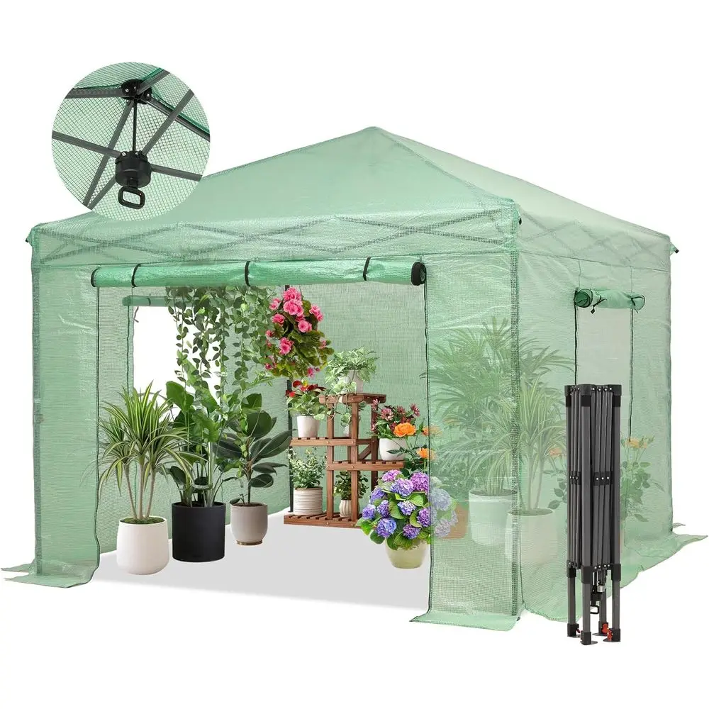 

10x10 Walk-in Greenhouse with PE Cover, Roll-Up Door, and Side Windows for Outdoor Gardening