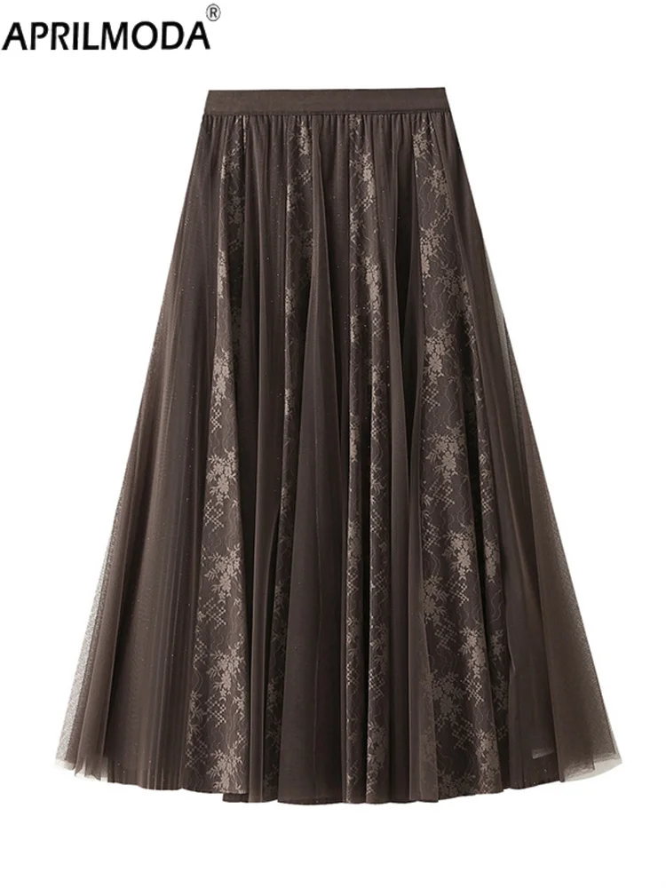 French Style Lace Mesh Patchwork Princess Short Casual Tulle Tutu Skirt Elegant Autumn Brown Beige Black Solid Vintage Skirts