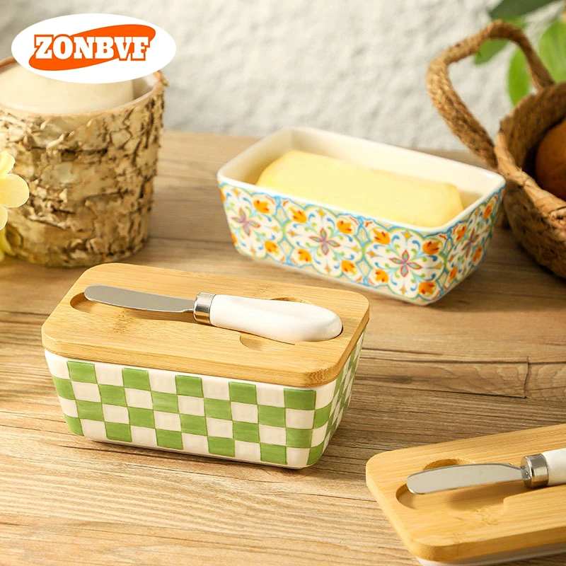 

American Pastoral Style Ceramic Butter Container Box Restaurant Sealed Cheese Storage Box with Knife Bamboo Lid Butter Dish