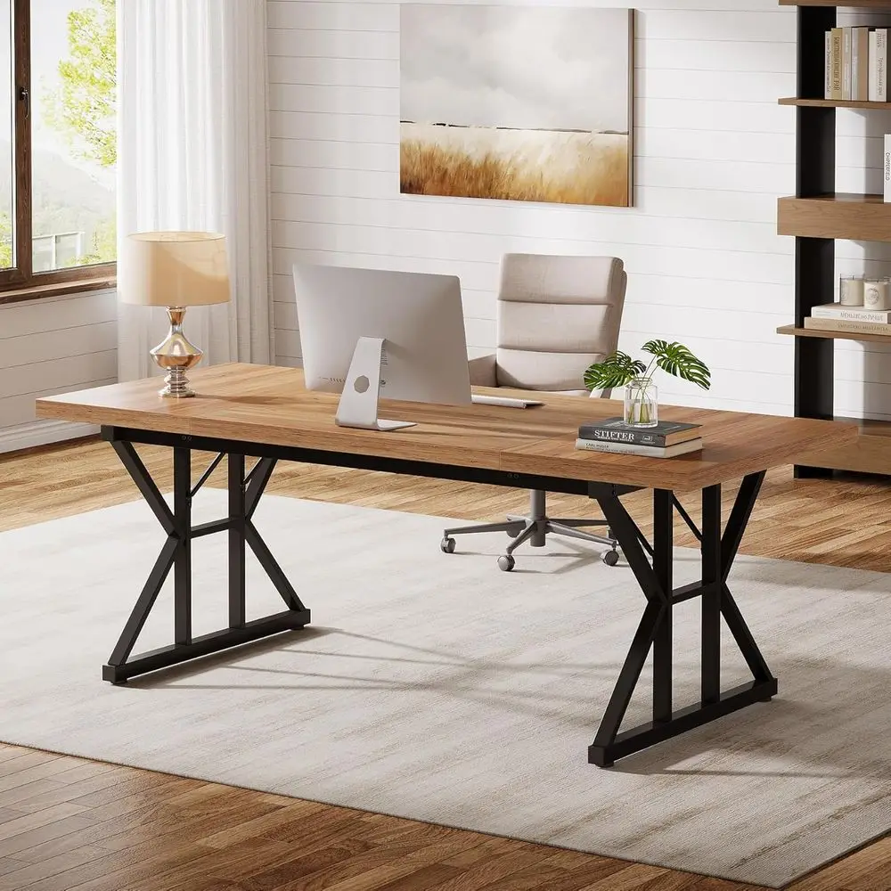 

Large 70.86-Inch Executive Desk, Industrial Style Home Office Computer Desk, Simple Long Writing Study Table (Light Brown/Black)