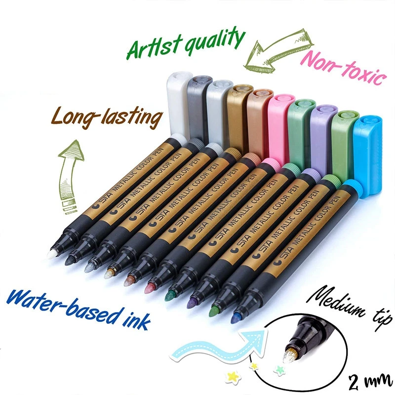 40Pcs 10 Colors Metallic Paint Marker Pen Permanent Writing Painting Photo Album Rock Glass Wood Canvas Card Art marker