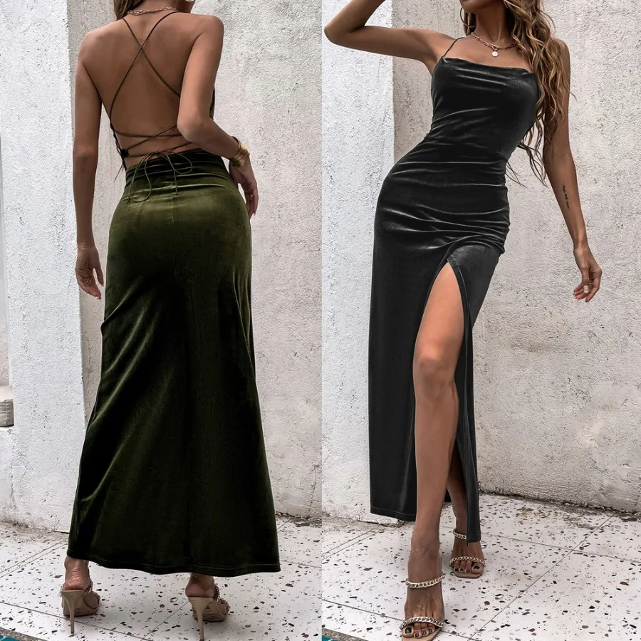 

【New style】2026 summer hot sale women's clothes split halter dress sexy vacation backless knitted dress