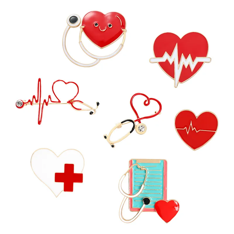 New Trend Cartoon Hearing Device Love Red Cross Shape Baking Paint Alloy Accessories Brooch Pin Jewelry Gift Wholesale