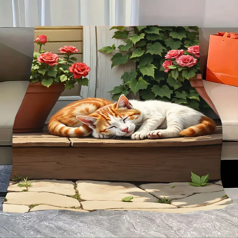 

1pc Flannel Blanket Cozy Cats Sleeping on Wooden Bench with Roses 3D Print Blanket