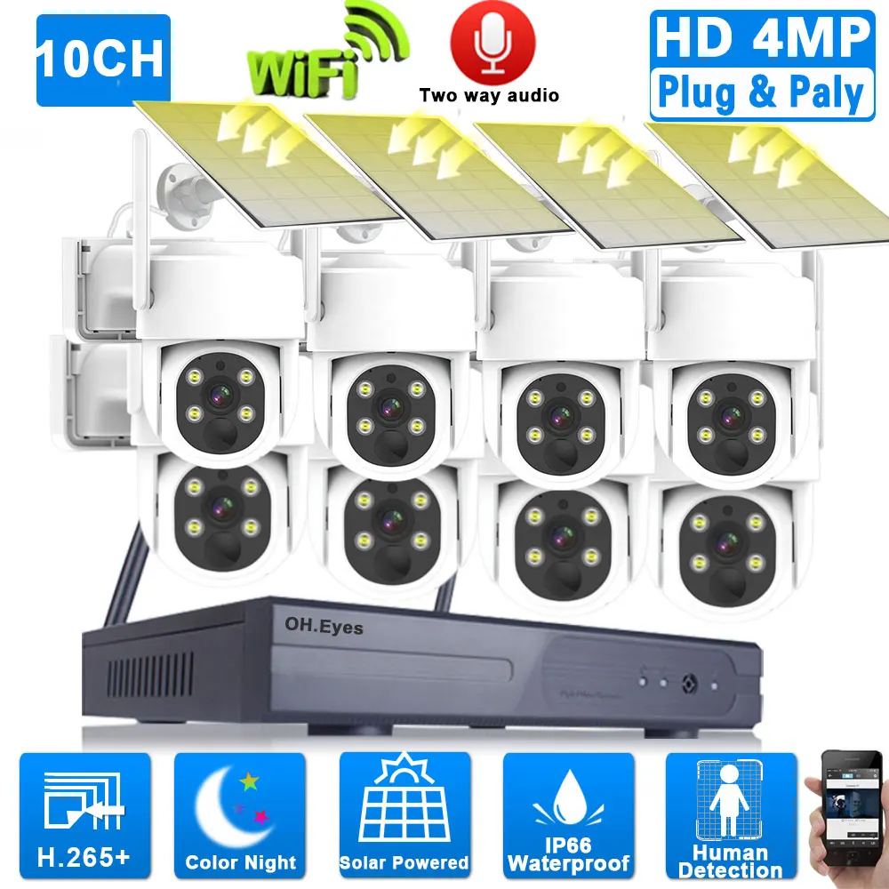 

5MP 10 Channels Wireless NVR Kit Outdoor Color Night Vision 4MP PTZ Solar Network CCTV Surveillance Security Camera System 8CH