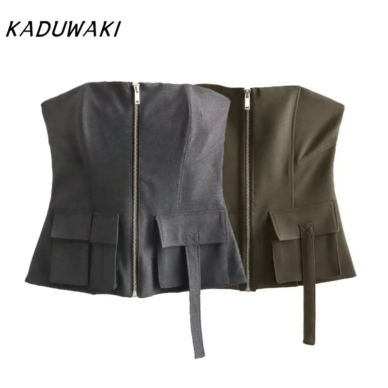 

KADUWAKI, новый летний продукт, женские модные майки, повседневные универсальные облегающие украшения на молнии с карманом и ремешком для бюстгальтера, футболки Y2k, топы