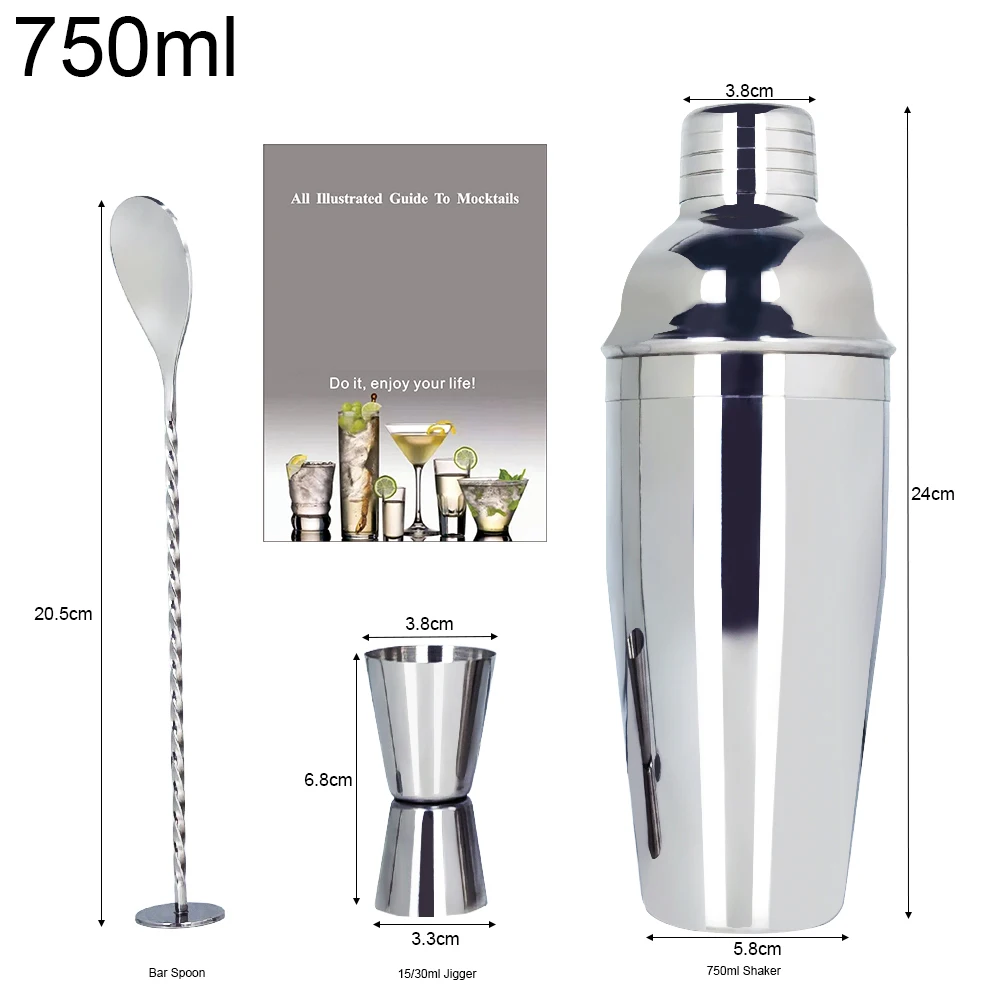 3 Piece 750ml Cocktail Shaker Set, 24oz Bartender Kit, Bar Shakers Tools 15/30ml Jigger, Spoon with Cocktail Recipe