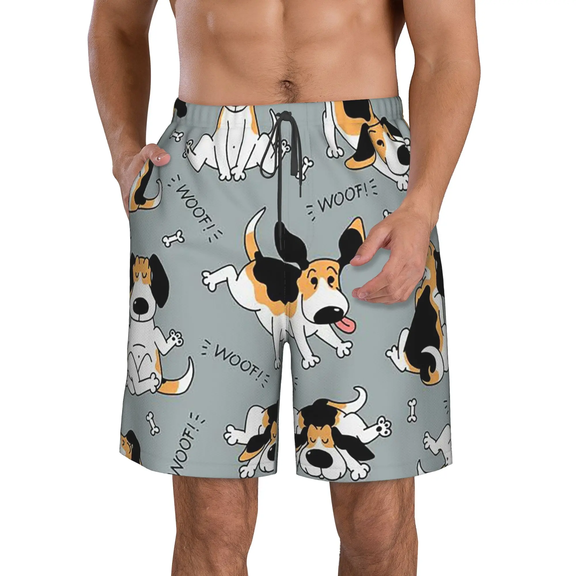 Big Eared Dog Letter Woof And Bones Trunks Beach Board Shorts Casual Quick Dry Swim Summer Men Pants