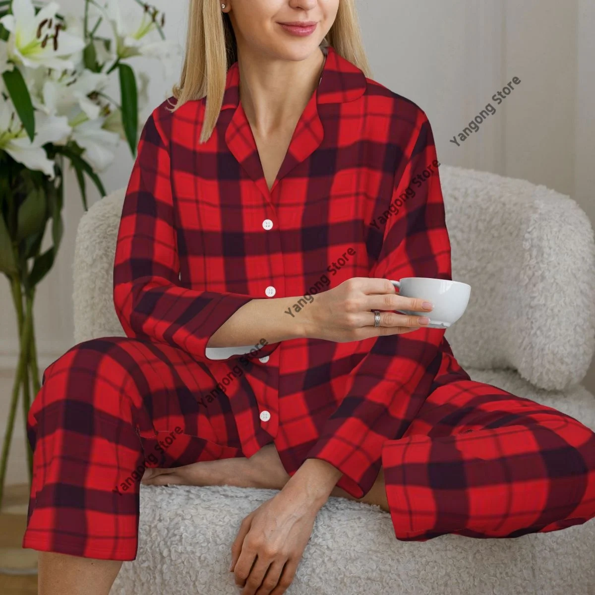 Women\'s Pajamas Long-sleeved Girl Loungewear Two-piece Set Red Black Buffalo Plaid Check Pattern Pajamas for Autumn Spring