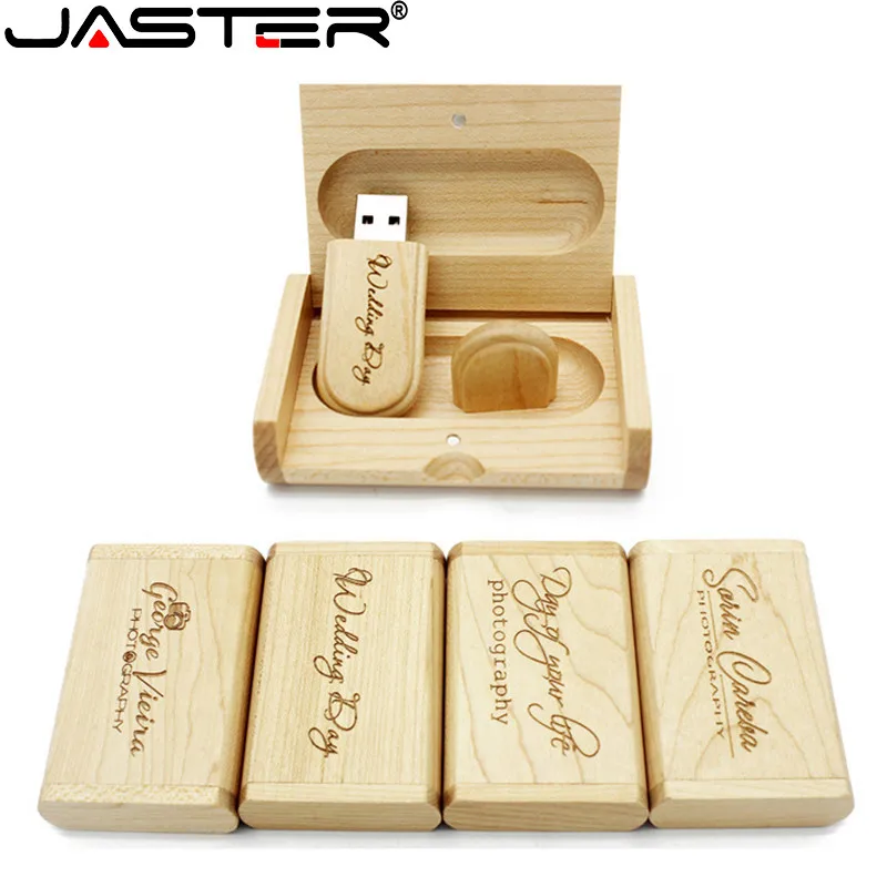 

JASTER Wooden Box Pen Drive 64GB Free Custom Logo USB 2.0 Flash Drives 32GB Creative Wedding Gift Maple Memory Stick 16GB U Disk