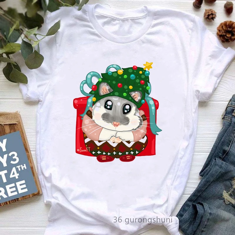 

Christmas Guinea Pig Cartoon Print T Shirt Girls Funny Kawaii Mouse Tshirt Women Summer Short Sleeve T-Shirt Female Streetwear