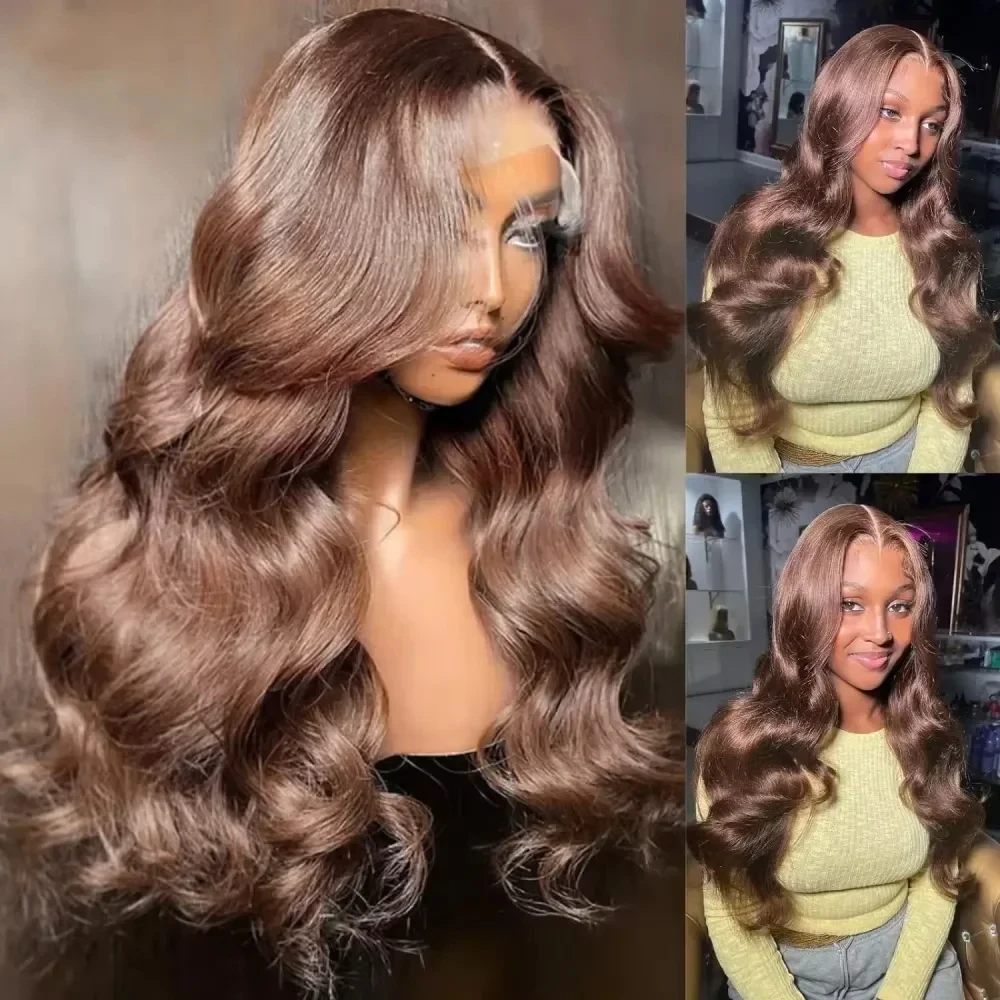 200% Плотность Коричневый HD Парик из натуральных волос на кружеве 13x4 Предварительно выщипанный бразильский объемный волнистый парик на фронтальной части шнурка Натуральный стиль для женщин