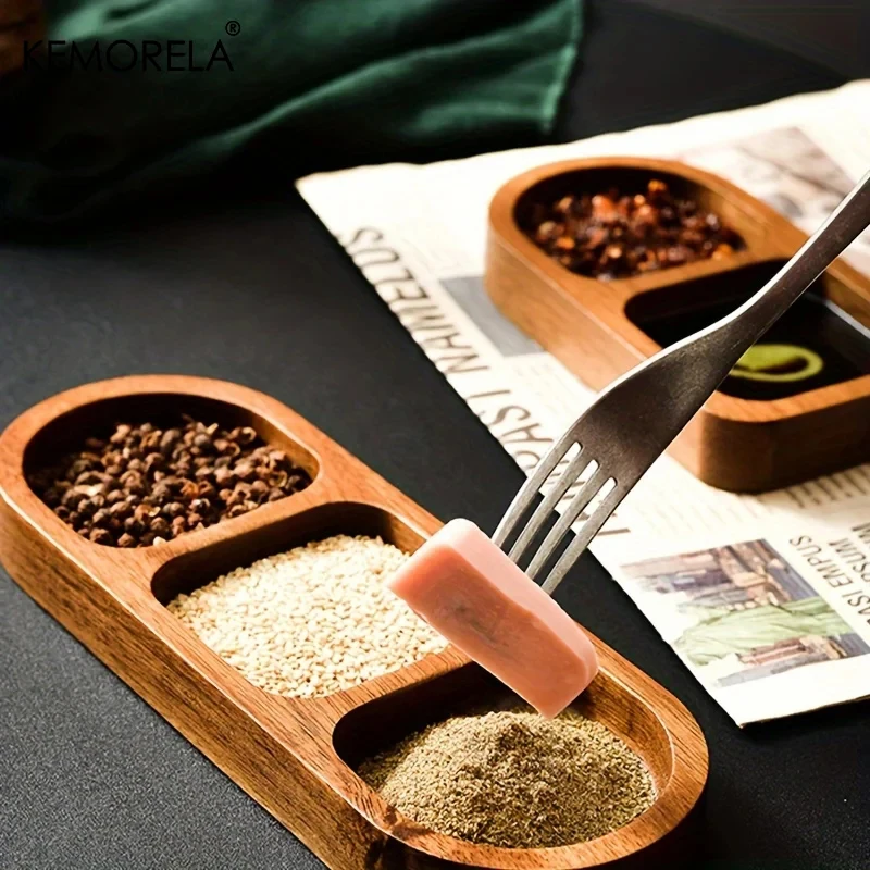 1Pc Solid Wood Rectangle Tray 3Grid Condiment Plate Breakfast Food Sushi Bread Dessert Sauce Plate Kitchen Dinner Seasoning Dish