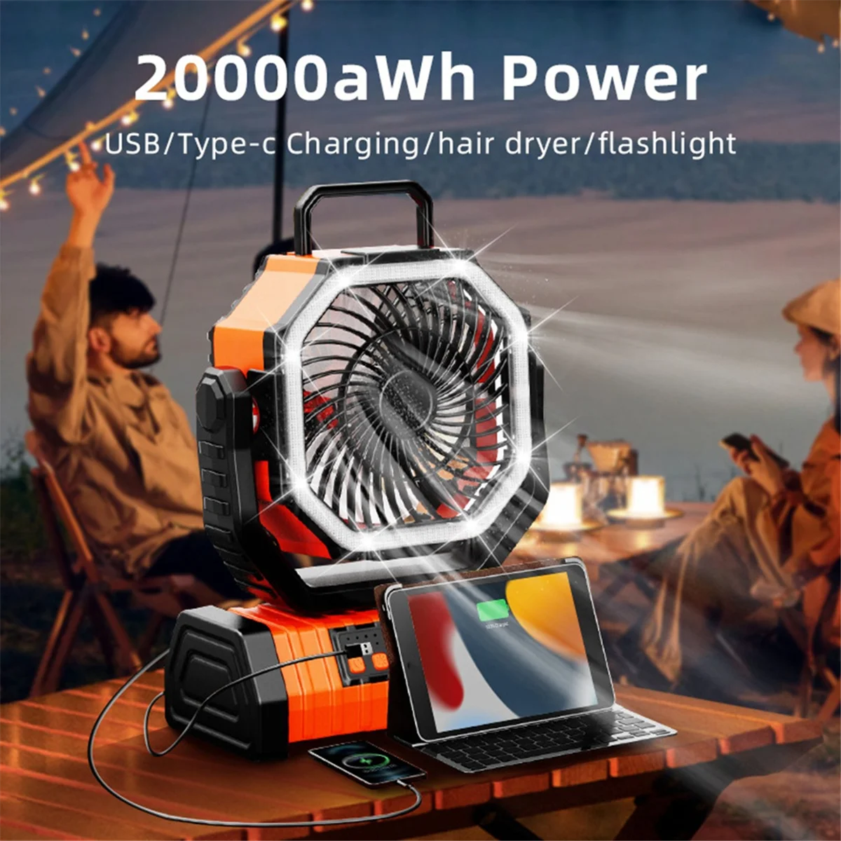 New Outdoor Camping Fan 20,000 MAh Four-Speed Adjustable Directional USB Rechargeable Shaking Head Fishing Fan