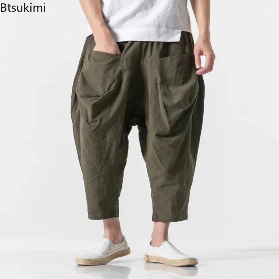 2026 Men's Linen Wide Crotch Harem Pants Summer Men Cotton Chinese Style Ankle-Length Pants Male Wide-Legged Bloomers Trousers