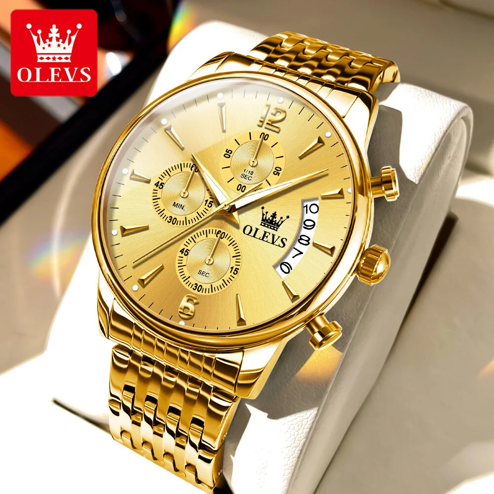 OLEVS 2867 reloj dorado para hombre, reloj clásico de acero inoxidable resistente al agua con luz nocturna, temporizador multifuncional, reloj de cuarzo para hombre de alta calidad