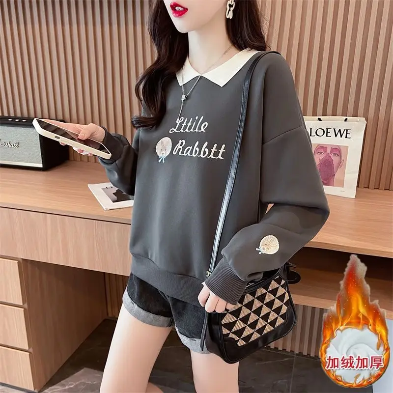 Women Trendy Casual Streetwear Oversize Kawaii Cartoon Embroidery Fleece Sweatshirts Sweet Polo Collar Long Sleeve Pullover Tops