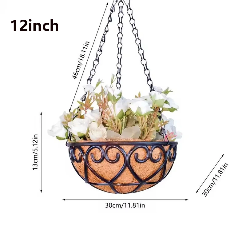 5pcs 12inch Hanging Basket Coconut Brown Round Iron Chain Basket Flowerpot Fleshy Green Plant Chlorophytum Comosum Flowerpot