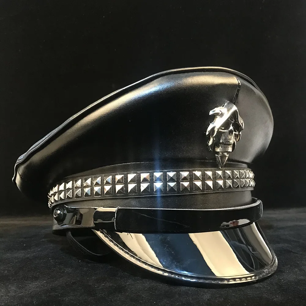 100% Leather Germany Officer Visor Cap Army Hat Cortical Military Hat Police Cap Cosplay Party Hats Halloween Hat Size M L XXL