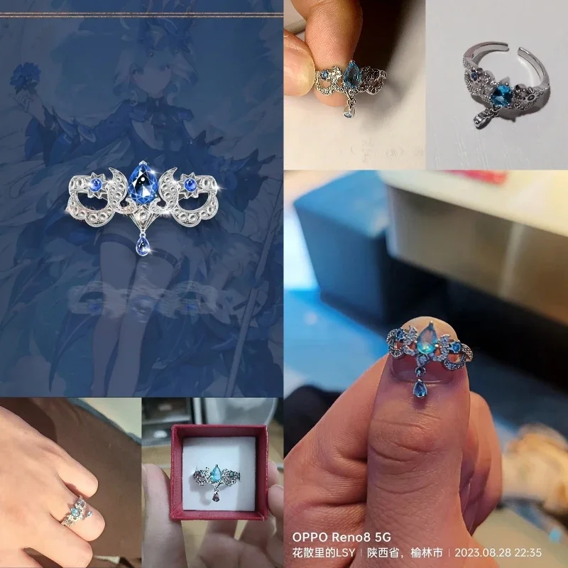 Anime Game Impact Focalors Yae Miko Rhinestones Open Ring Adjustable Rings for Cosplay Props Boy Girl Birthday Jewelry Gifts