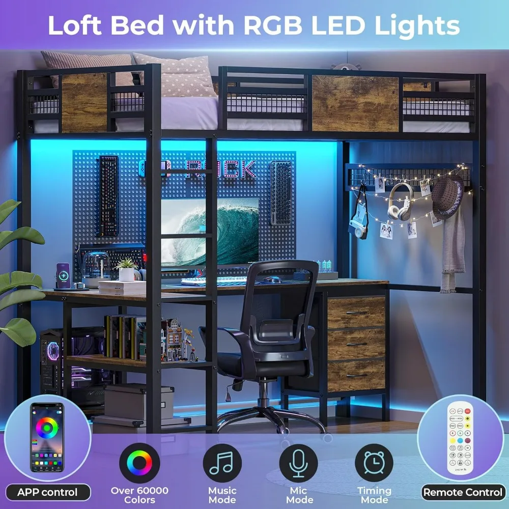 Loft Bed, with L-Shaped Desk, Metal Bed Frame with LED Lights & Charging Sation, 3 Fabric Drawers, 2-Tier Storage Shelves, bed