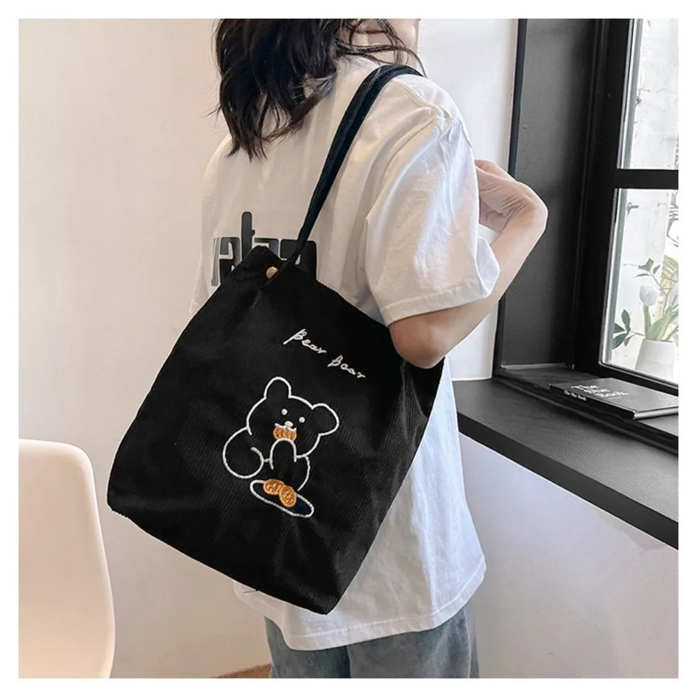 Women Corduroy Shoulder Bag High-capacity Bear Ladies Casual Handbag Tote Bag Reusable Large Capacity Cotton Shopping Beach Bags