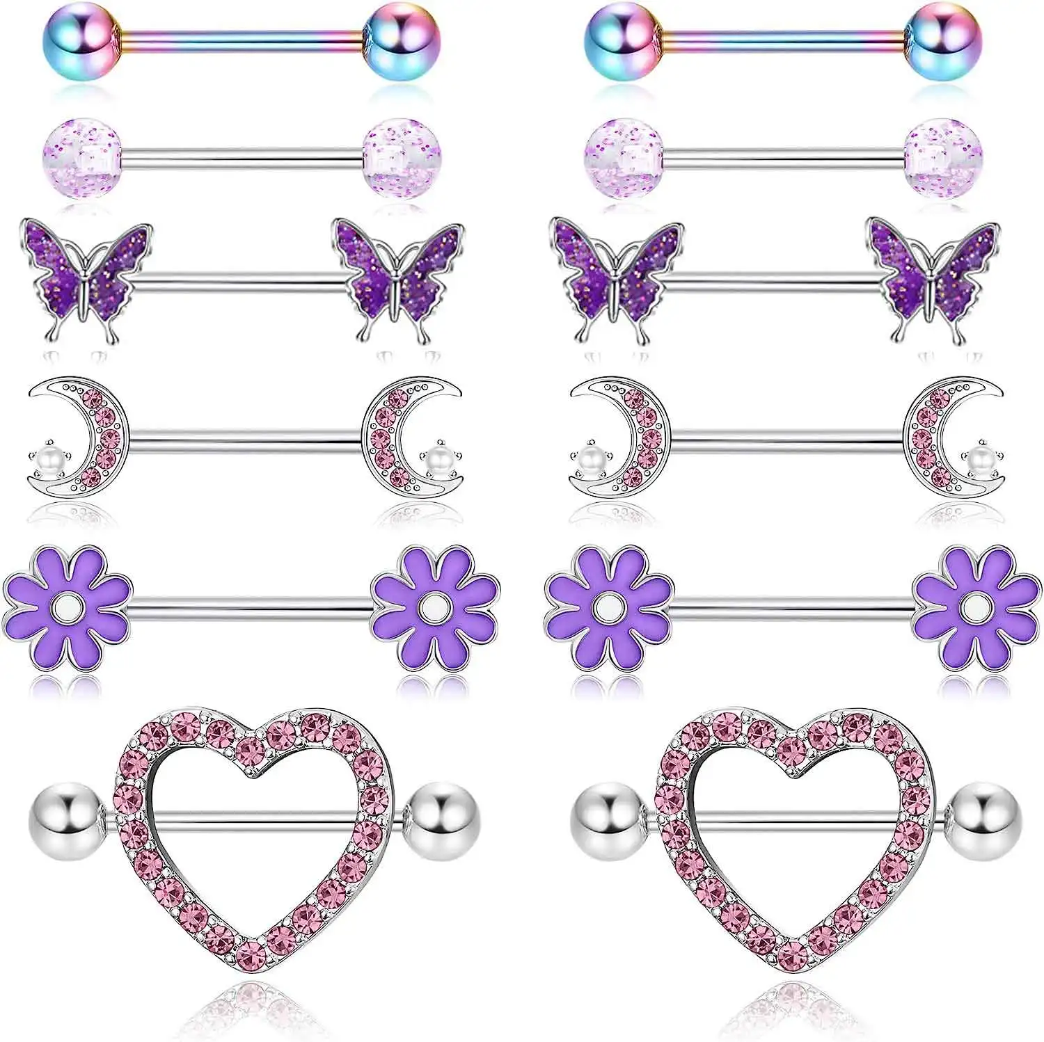 14G Nipple Rings for Women 316L Stainless Steel Heart Butterfly Moon CZ Flower Barbell Nipple Rings Set Cute Nipplerings