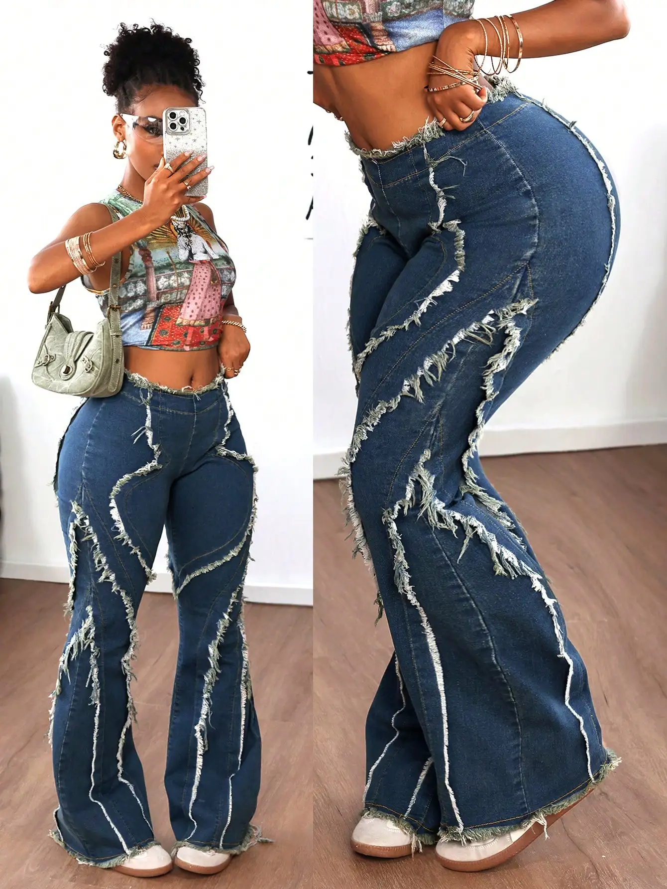 여성용 하이웨이스트 플레어 데님 진, 디스트레스드 프레이드 디테일, 캐주얼 스트리트웨어 스타일