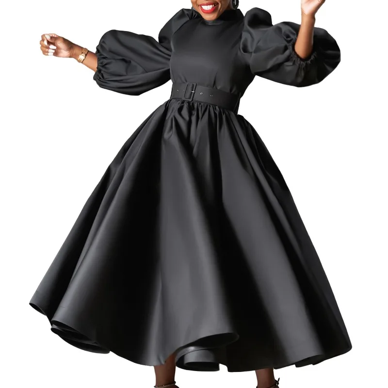 Puff Sleeve Elegant A-Line Pleated Dress Eevning Satin Fashion Wedding Guest Cocktail Long Dress Vintage Dress with Belt