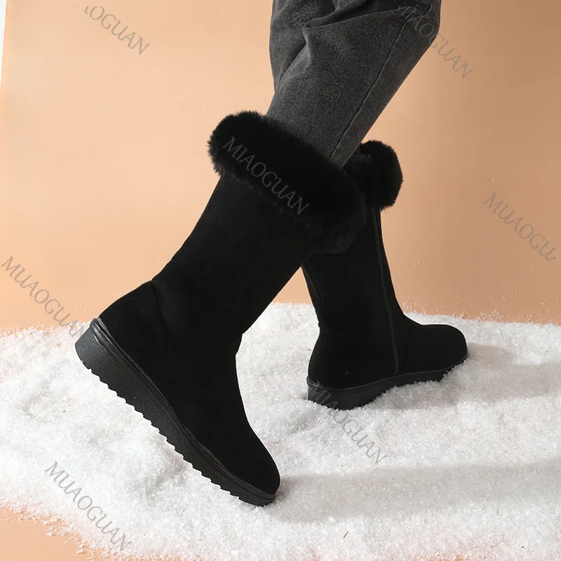 Botas De Nieve De Invierno Para Mujer, Media Pantorrilla, Peludas Y Cálidas, Con Cremallera Lateral, Gamuza Informal_voghion.com