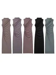 HH 2024 Summer Fashion Woman's Dress Sleeveless Bodycon Zipper Solid Chic Folds Slim Midi Elegant Women's Sexy Dresses