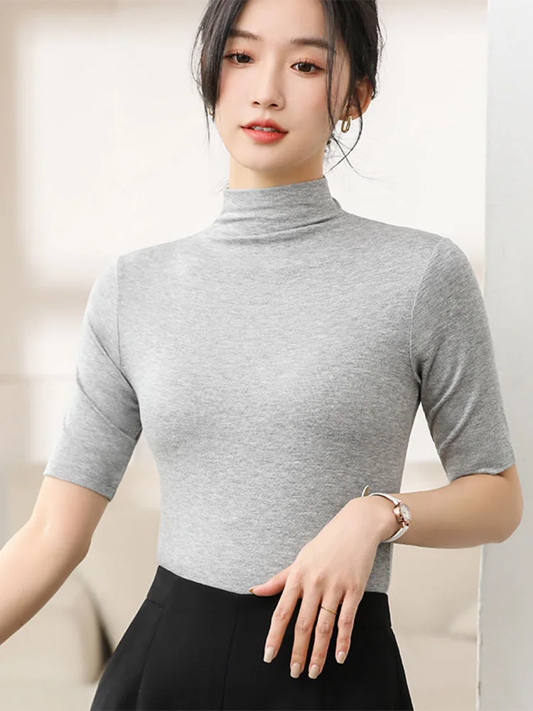 Half Turtleneck Milk Silk Tops Women Short Sleeve Slim T-Shirt Solid Color Basic Trend Bottoming Shirt High Street Women Blouse