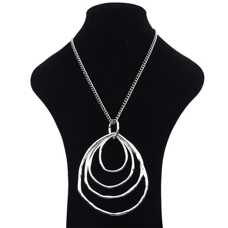 

1 x Tibetan Silver Large Hollow Open Hammered 4 Rings Circles Jewelry Pendant NecklaLong Link Chain Lagenlook 34"