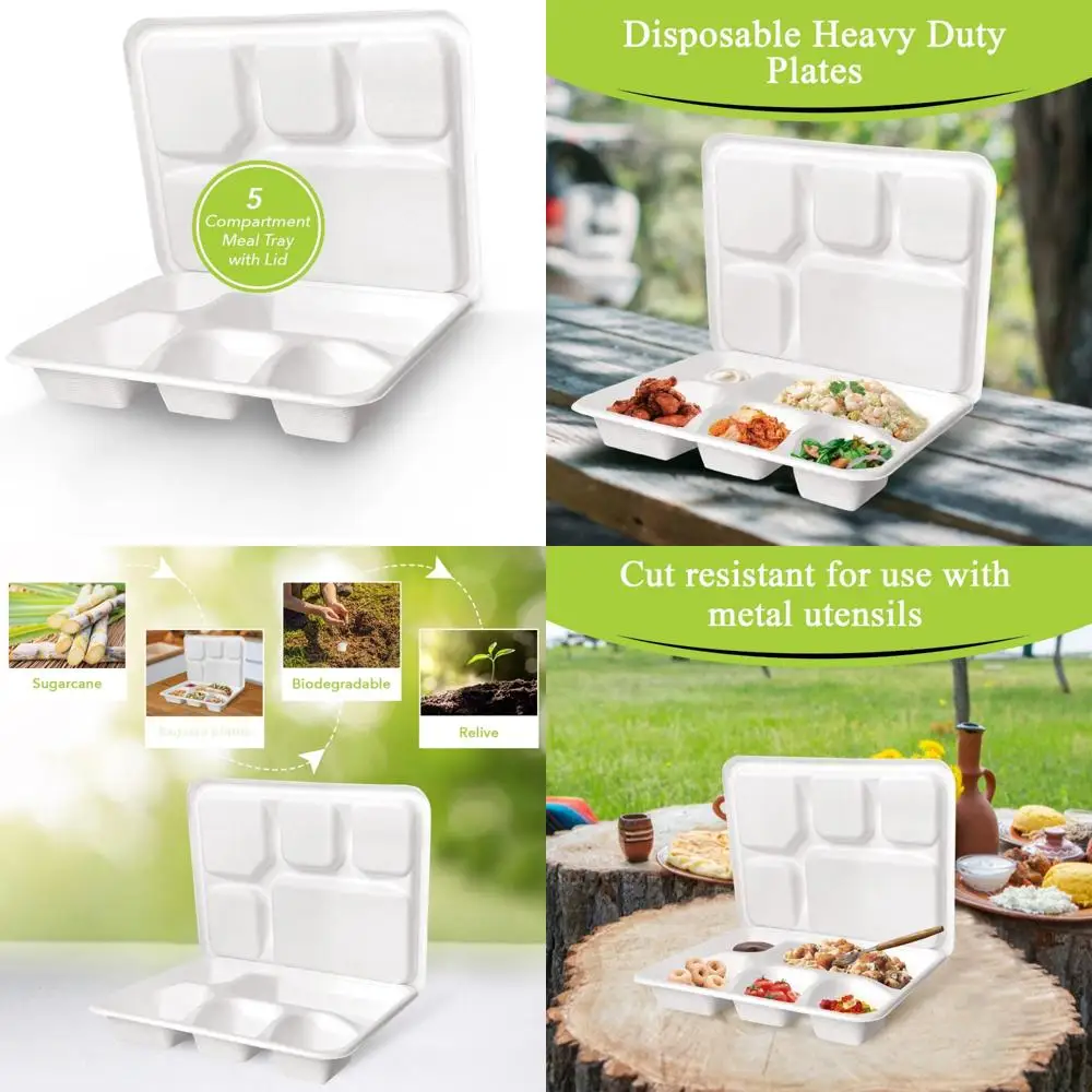 

three leaf 5 COMPARTMENT MEAL TRAY WITH LID SET, 125 SETS. Heavy-Duty- Super Strong- Natural- Eco-Friendly Disposable Bagasse Tr