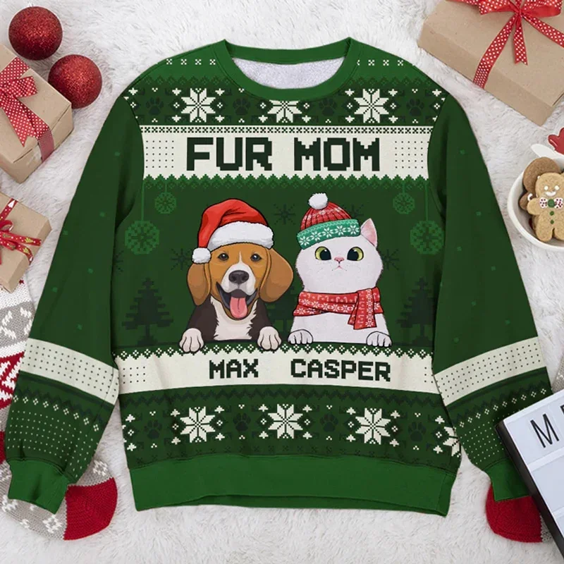 New Autumn Winter Ugly Christmas Pullover Funny 3D Cat Dog Printed Sweatshirt Fashion Unisex Long-sleeved Party Tops